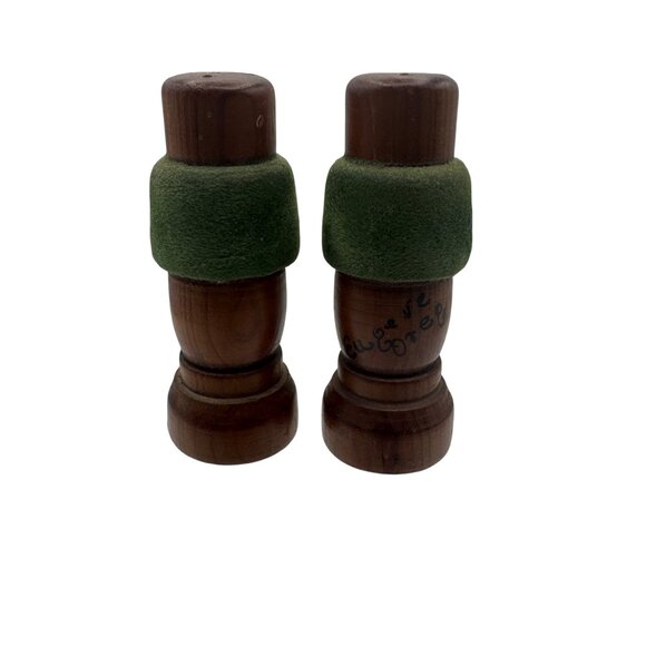 Vintage Wooden Salt & Pepper Shakers With Green Flocked Velvet Accent Band - Picture 1 of 4
